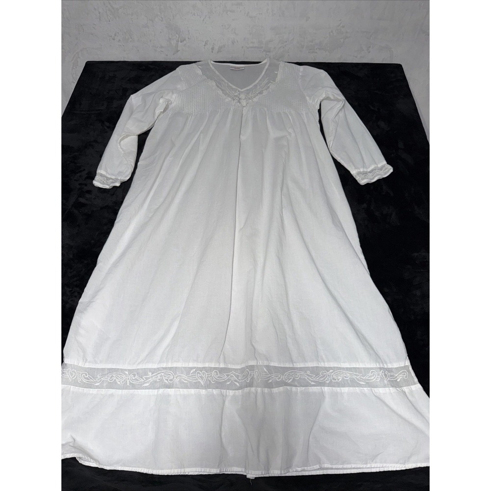 VTG Past Times Pin Tuck V-Neck Embroidered White Cotton Nightgown Prairie XL